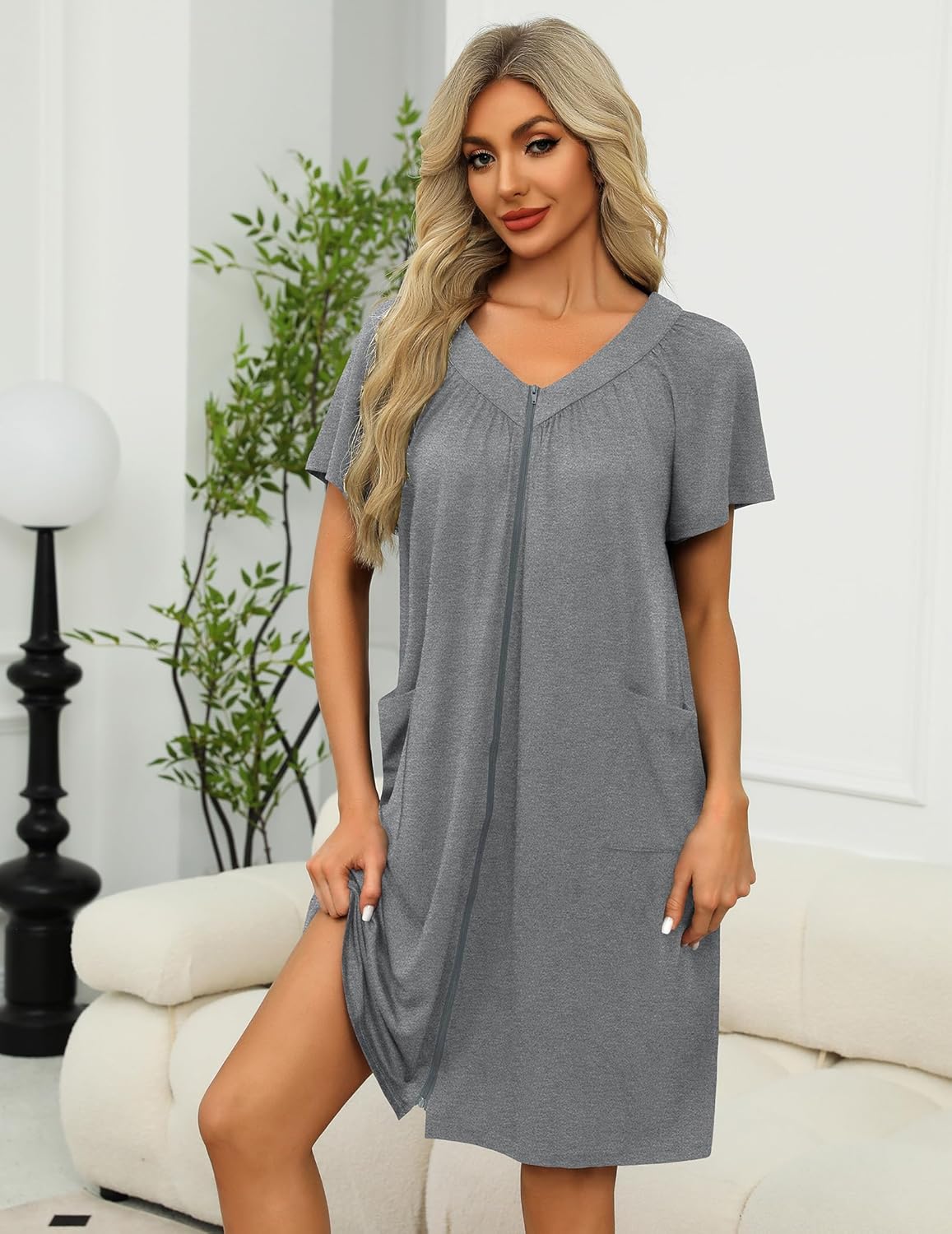 Front-zip housecoat robe, heather gray solid, short sleeves, V-neck
