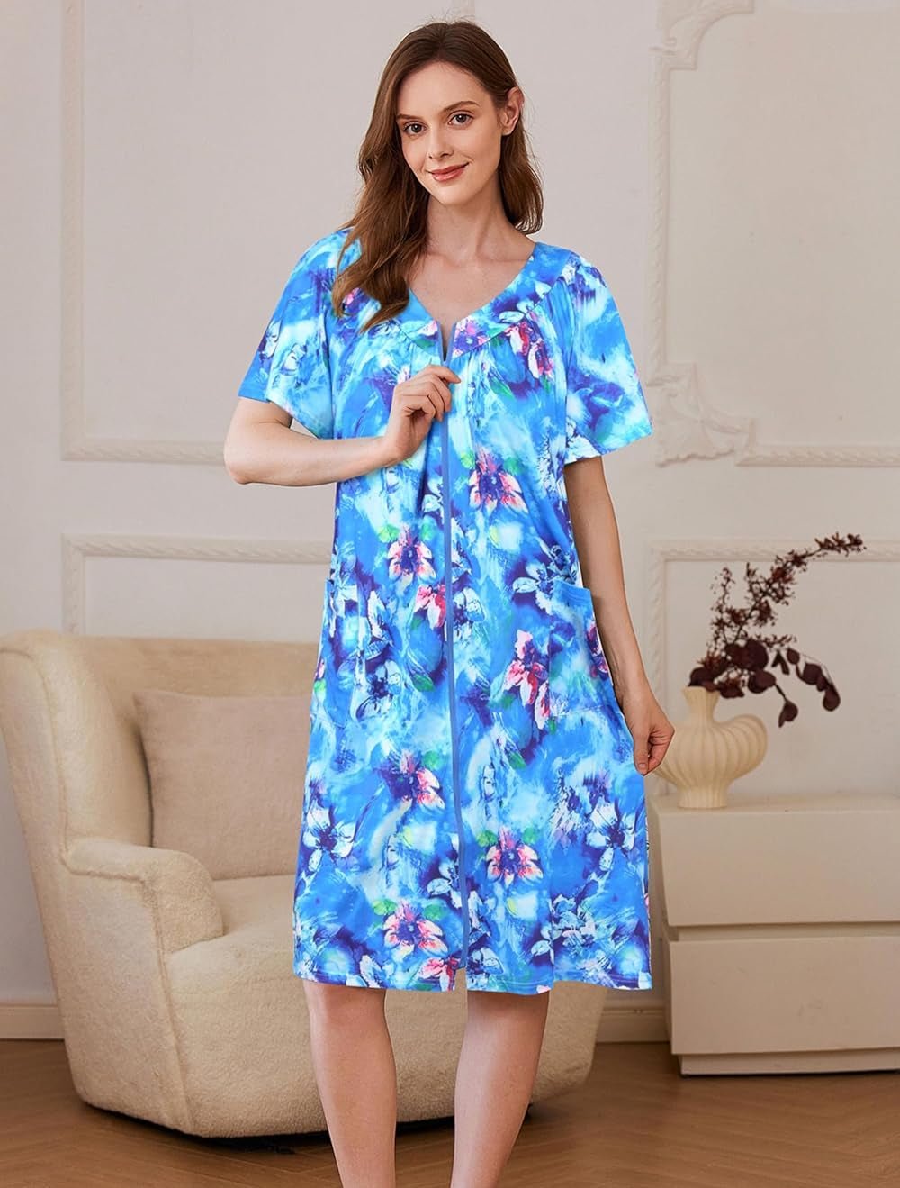 Front-zip housecoat robe, bright blue watercolor floral print, short sleeves