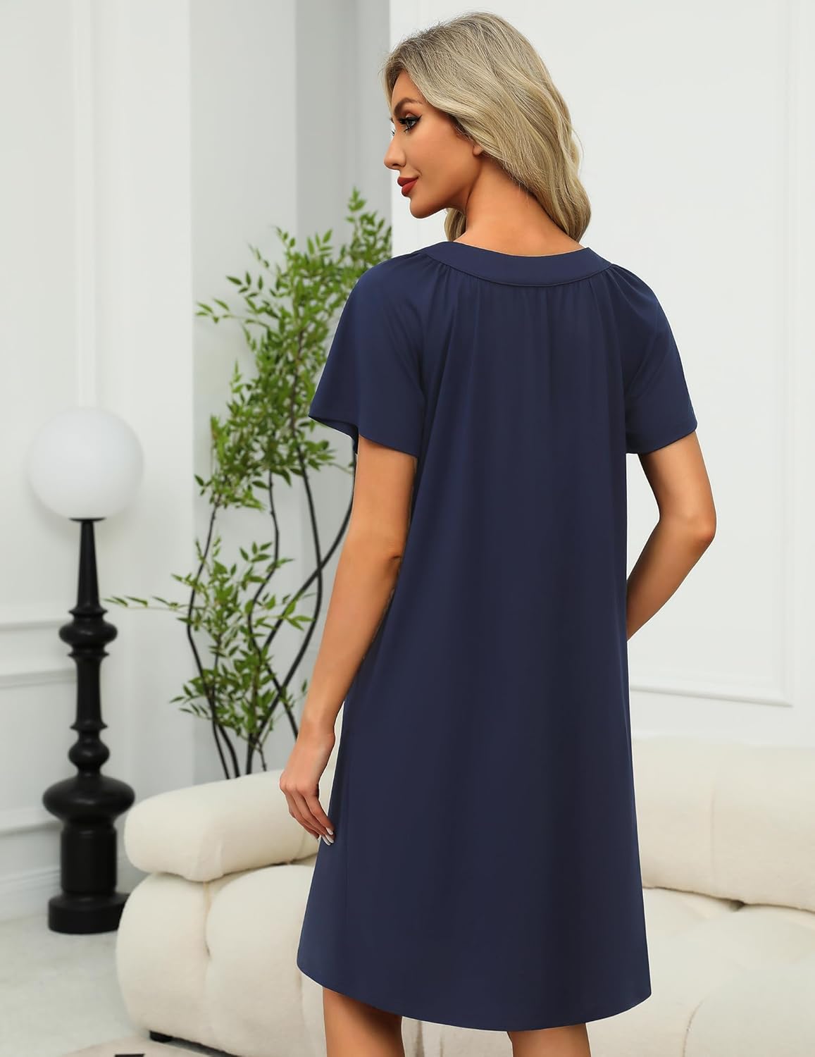 Zipper Front Mumu Duster Housecoat marineblau, Rückansicht, kurze Ärmel