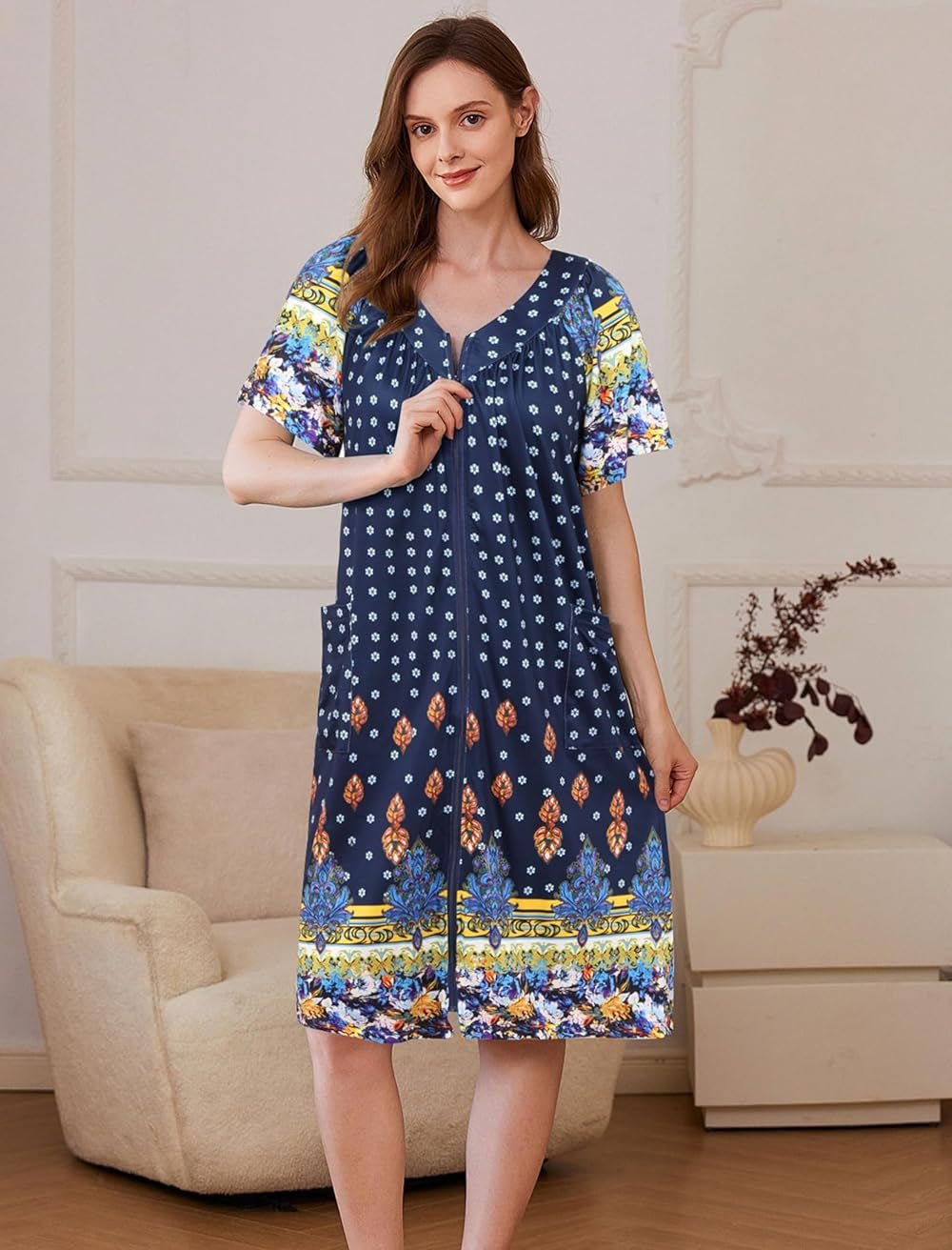 Zipper Front Mumu Duster Housecoat blaues Blumenmuster mit Knopfleiste vorn