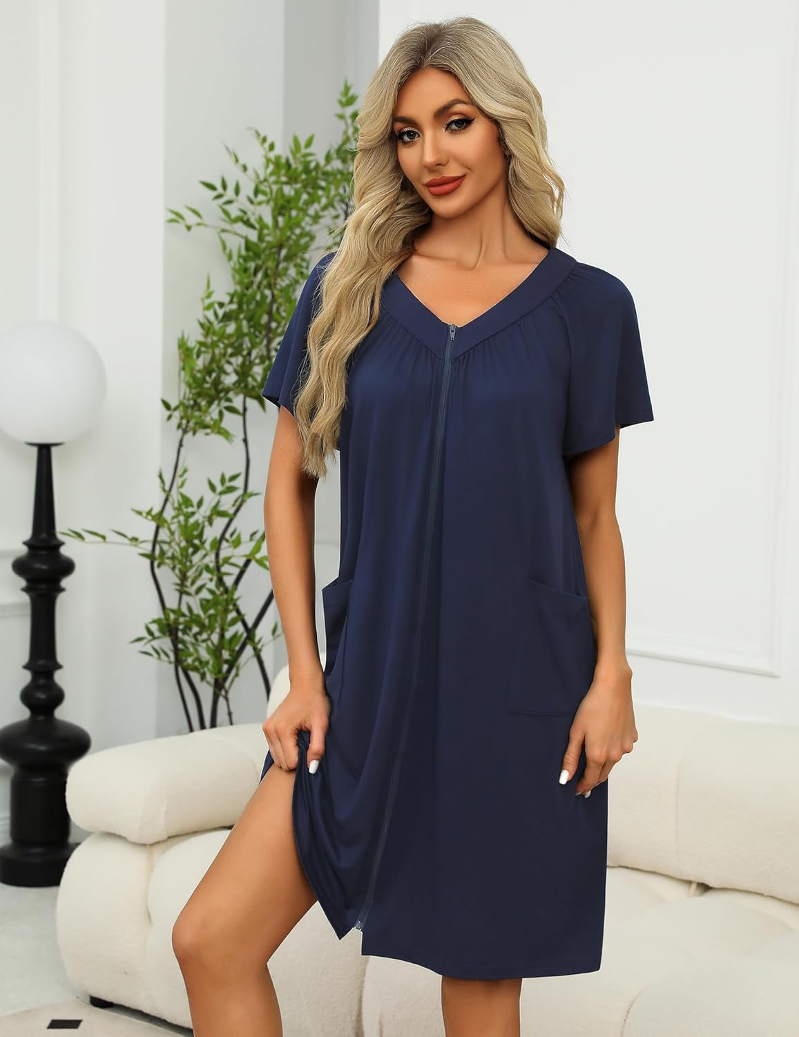 Zipper Front Mumu Duster Housecoat marineblau mit kurzen Ärmeln