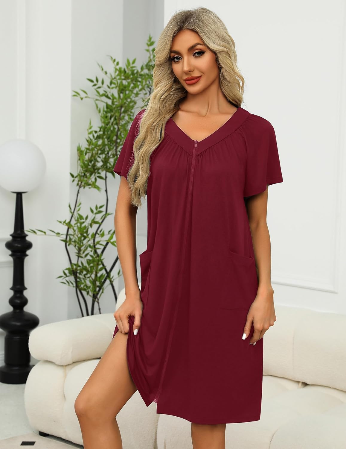 Zipper Front Mumu Duster Housecoat weinrot mit kurzen Ärmeln