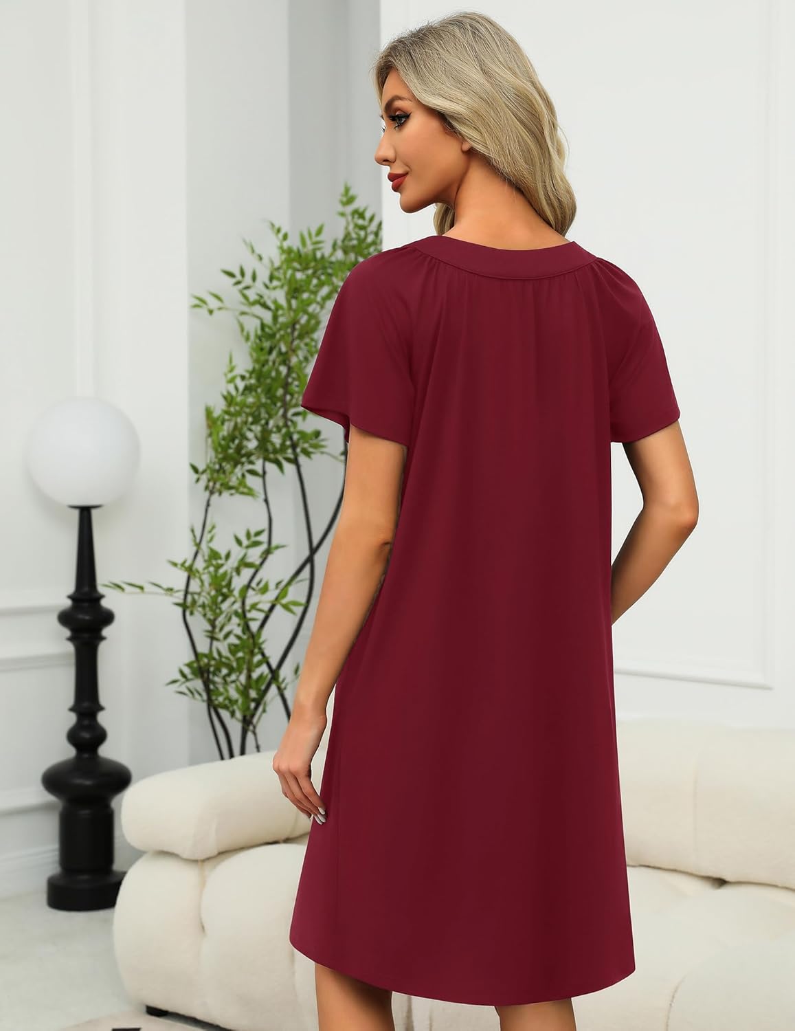 Zipper Front Mumu Duster Housecoat weinrot, Rückansicht, kurze Ärmel