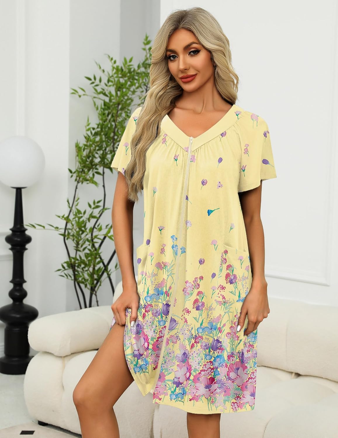Zipper Front Mumu Duster Housecoat hellgelb mit Blumenprint und Reißverschluss