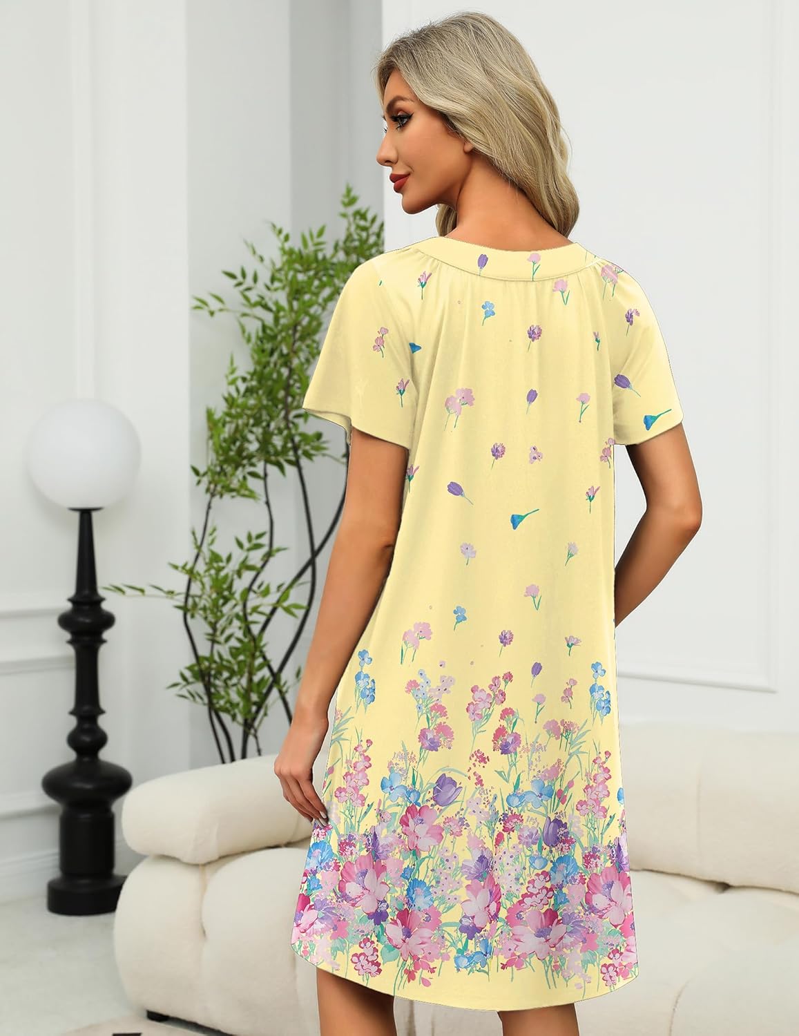 Mumu duster robe, pale yellow floral print, short sleeves, back view with relaxed fit