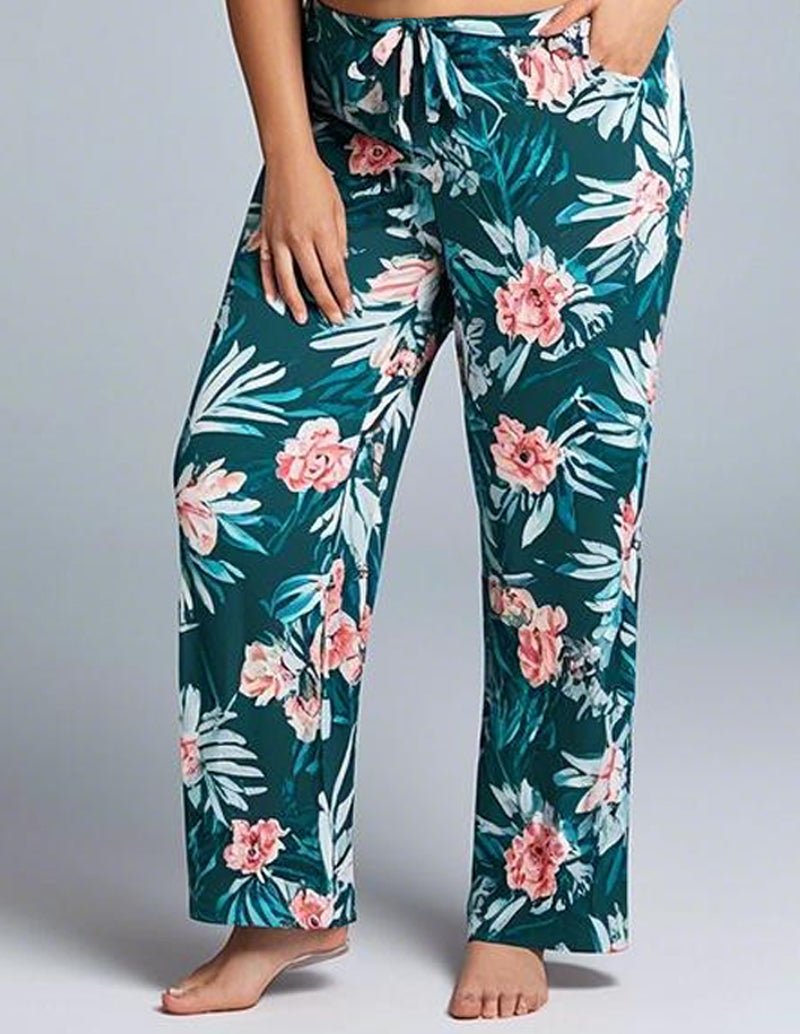 Green floral wide-leg lounge pants