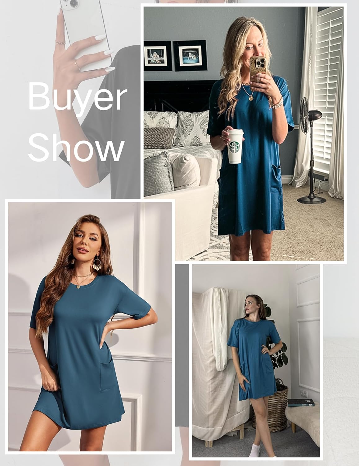 Teal nightgown collage: round neck, short sleeves, side pocket
