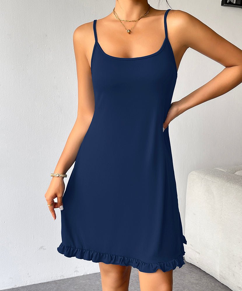 Ruffled hem sleeveless nightgown, navy blue, scoop neckline, spaghetti straps