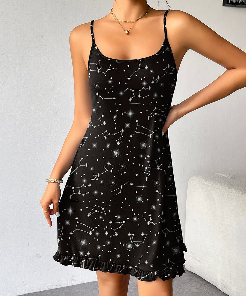 Ruffled hem sleeveless nightgown, black star pattern, scoop neckline, spaghetti straps