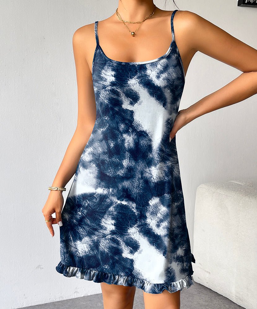 Sleeveless ruffled hem nightgown in navy and white tie-dye pattern