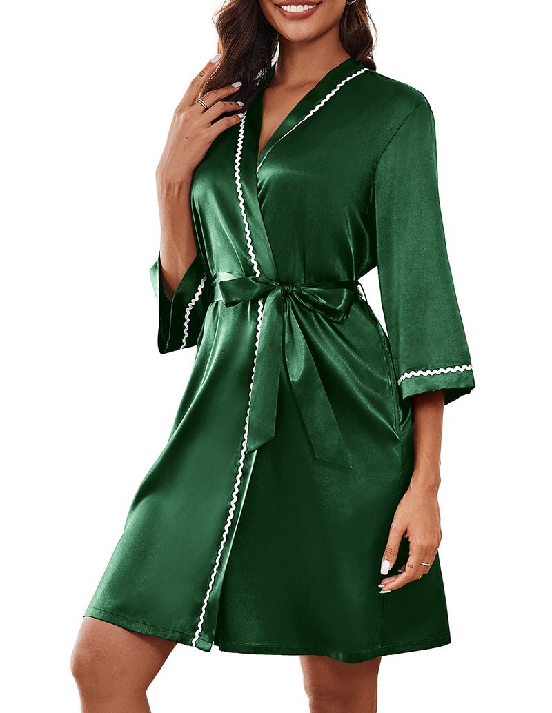 Satin kimono robe in Dark Green with white trim and tied waist