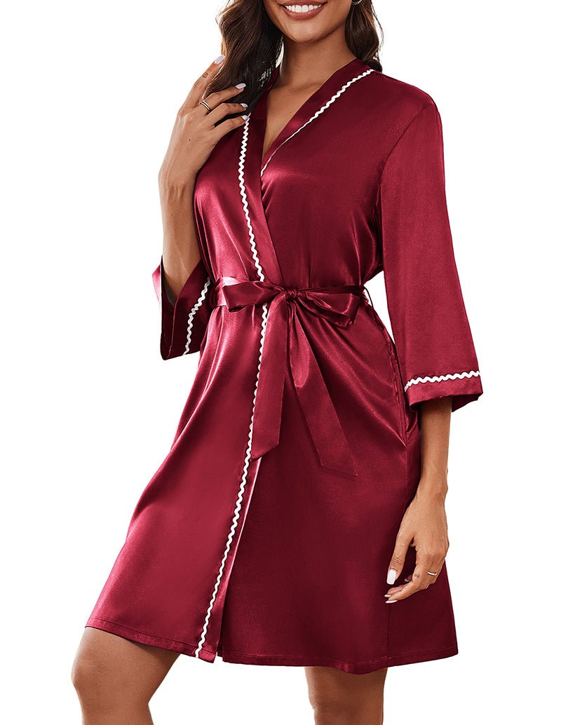 Satin kimono robe, Wine Red, belted waist and scalloped edge trim