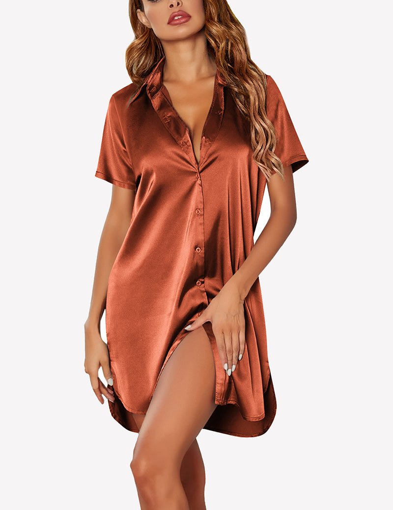 Damen-Satin-Nachthemd mit V-Ausschnitt-Kragen, Knopfleiste, Rosewood Taupe, Frontansicht