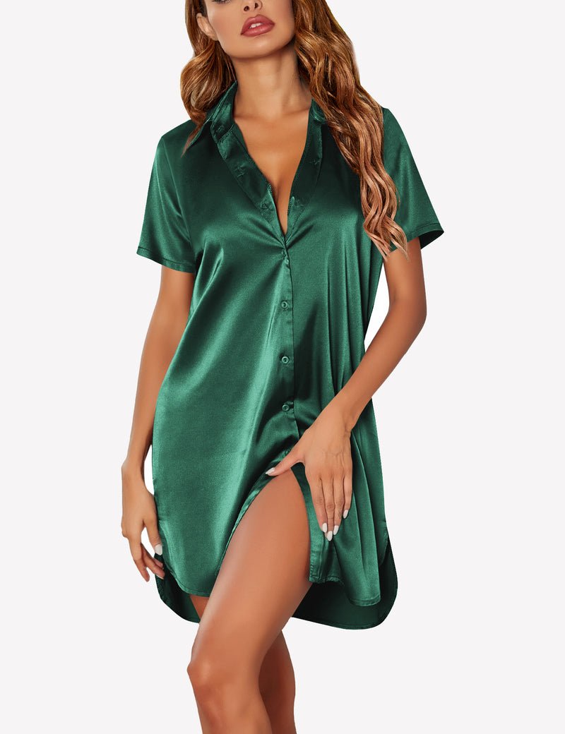 Women’s satin button-down nightshirt, short sleeves, green, with front buttons