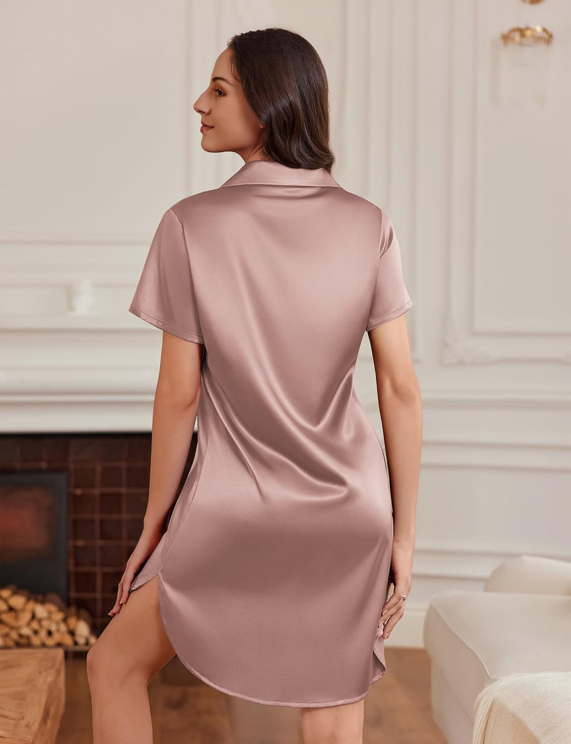 Women’s satin nightshirt, back view, rose pink, short sleeves, button placket