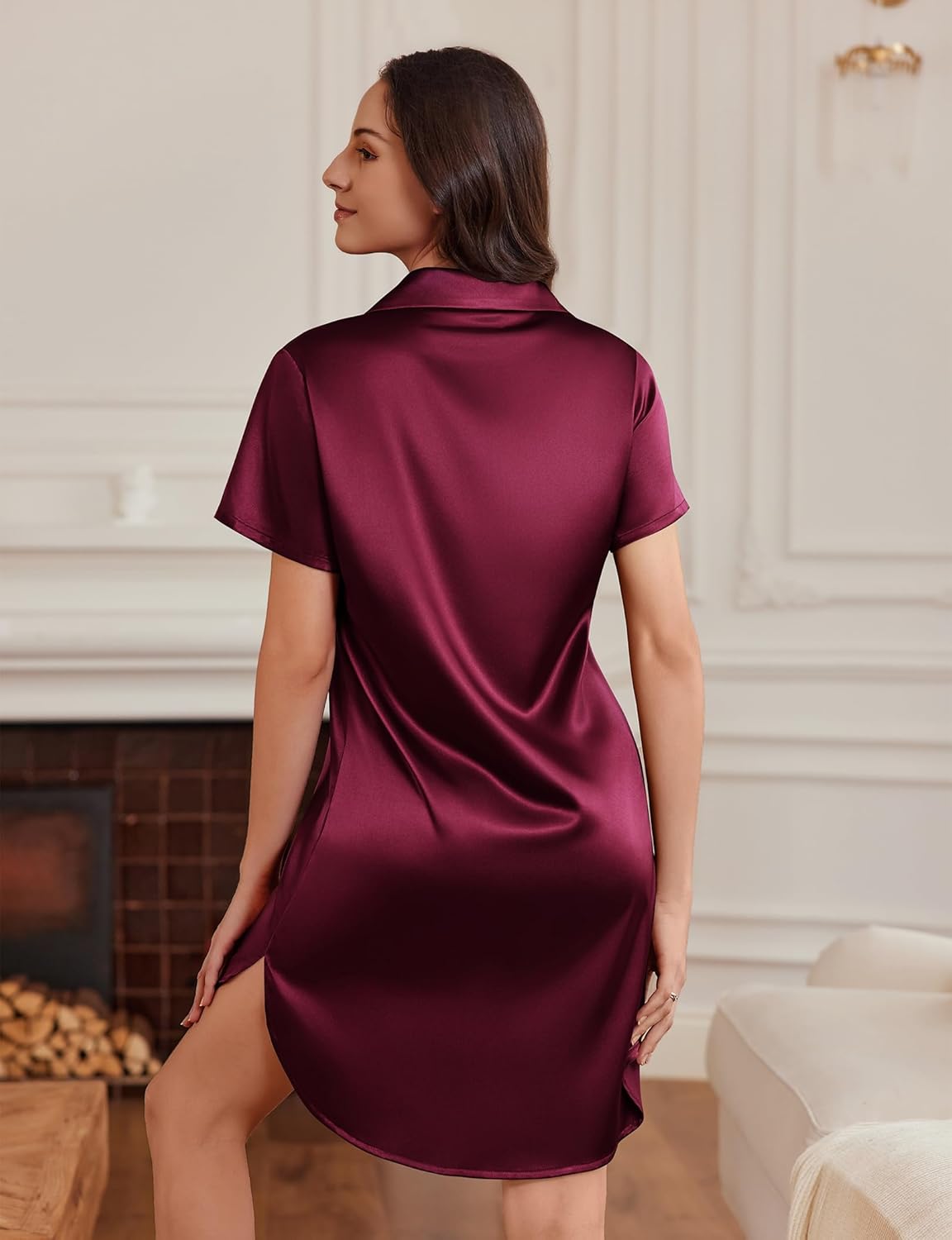 Women’s satin nightshirt, back view, wine red, short sleeves, button placket