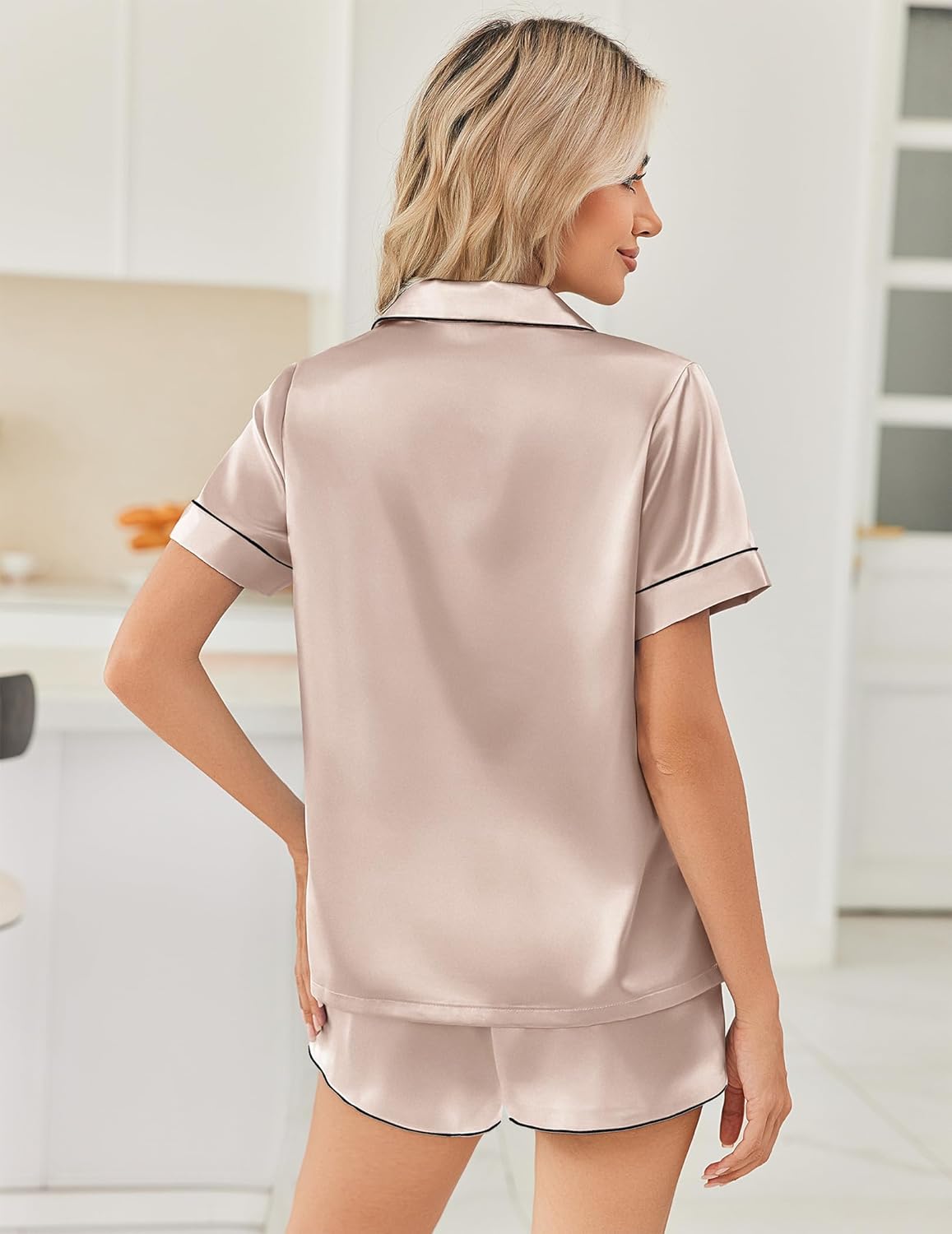 Champagne satin pajama set, short-sleeve button-up and shorts, back view