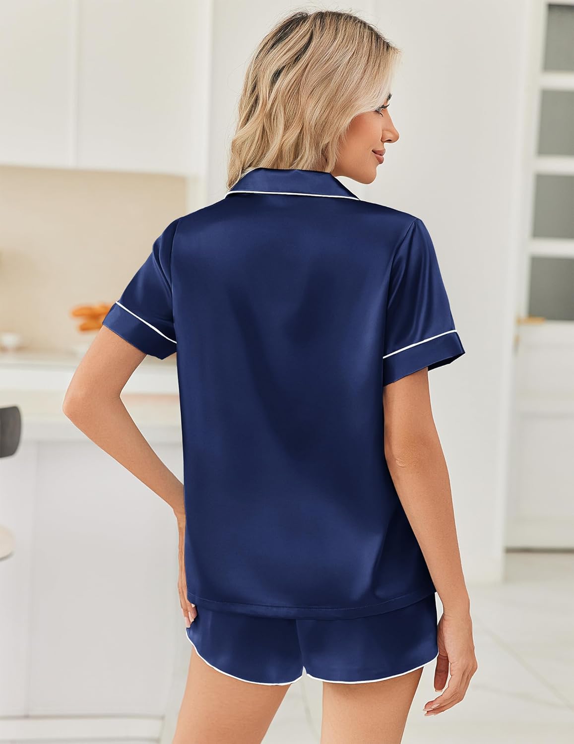 Navy satin pajama set, short-sleeve button-up and shorts, back view