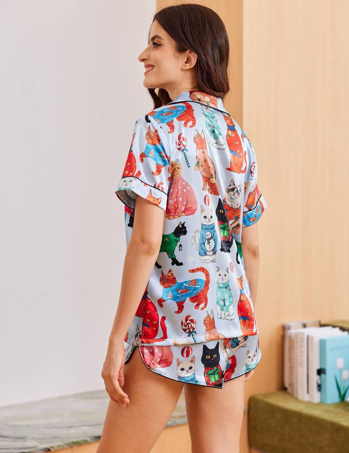 Cat print satin pajama set, back view of button-up collar and matching shorts