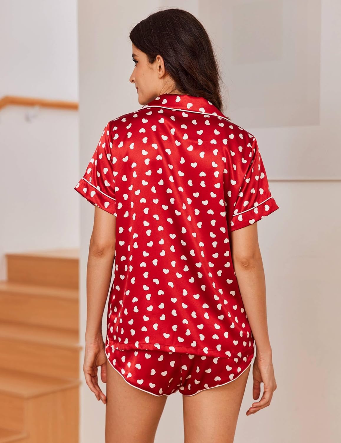 Red heart print pajama shorts set, back view of collar and matching elastic waist shorts