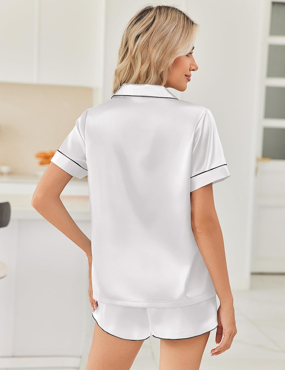 White satin pajama set back view, short-sleeve button shirt and matching shorts