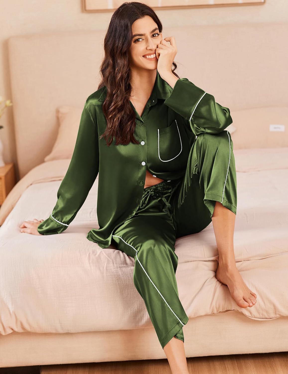 Green satin button-down lounge pajama set with matching drawstring waist pants