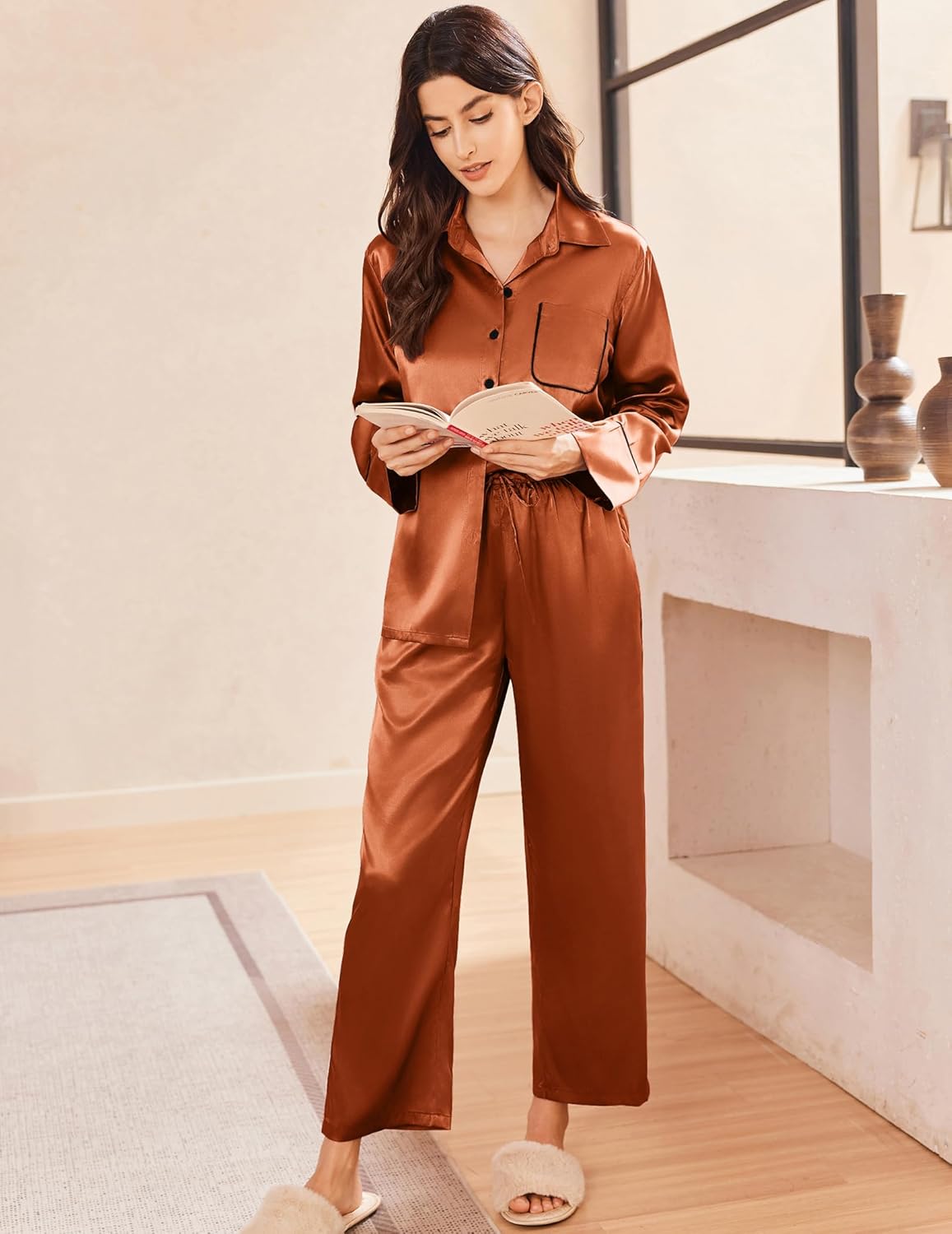 Caramel satin button-down lounge set with long wide-leg pants