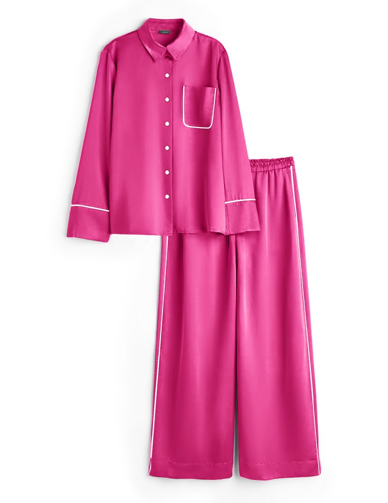 Satin Pyjama-Set in Hot Pink: Hemd mit Knopfleiste & Brusttasche, lange weite Hose