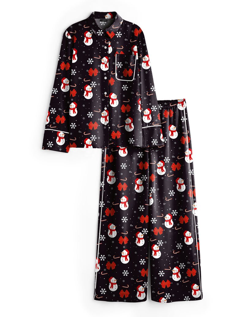 Ekouaer satin pajama set, black with snowmen and red bows, button-down top & pants