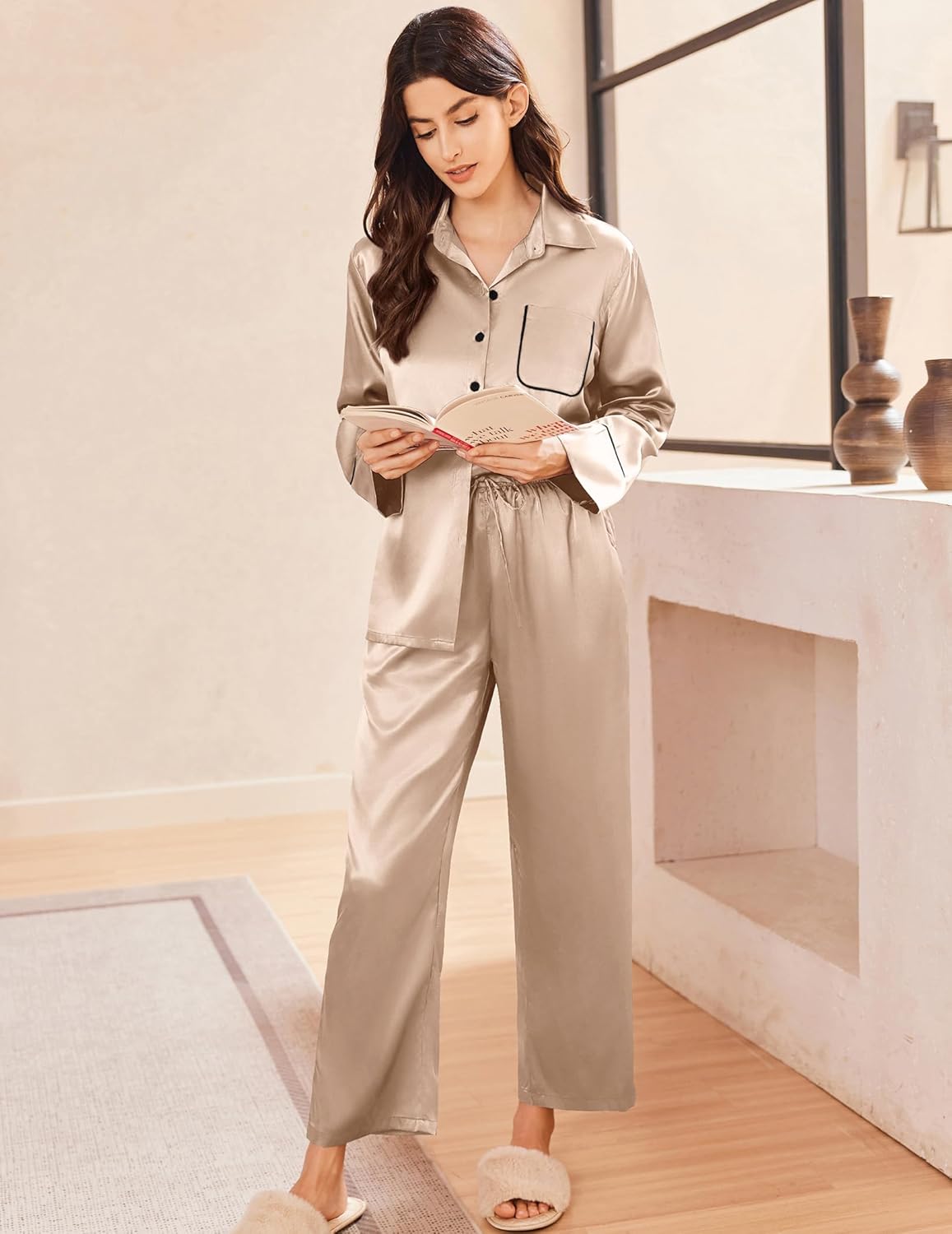 Satin button-down pajama set with long sleeves and pants, light beige champagne color