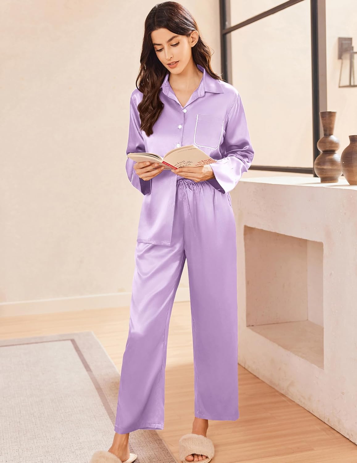 Satin pajama set in purple with button front and long wide-leg pants