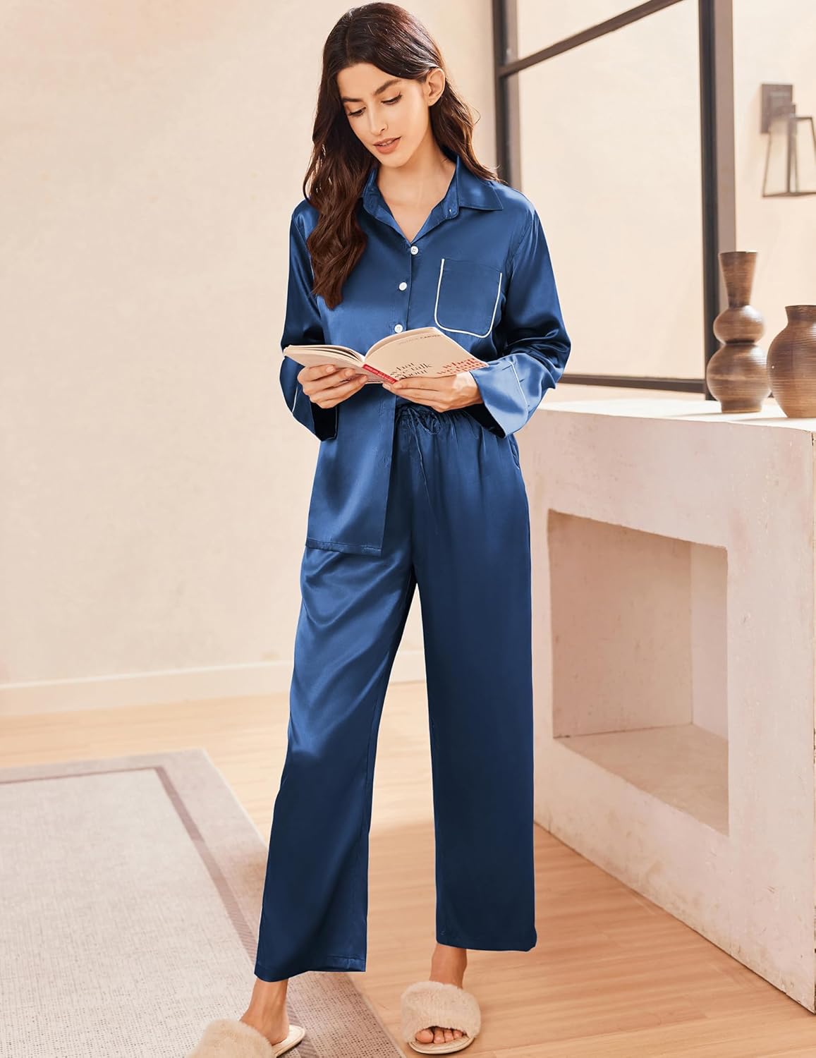 Blue satin pajama set, long-sleeve button shirt and wide-leg pants with trim piping
