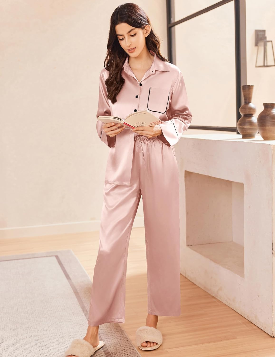 Satin button-down pajama set, pale pink shirt with pocket and matching wide-leg pants