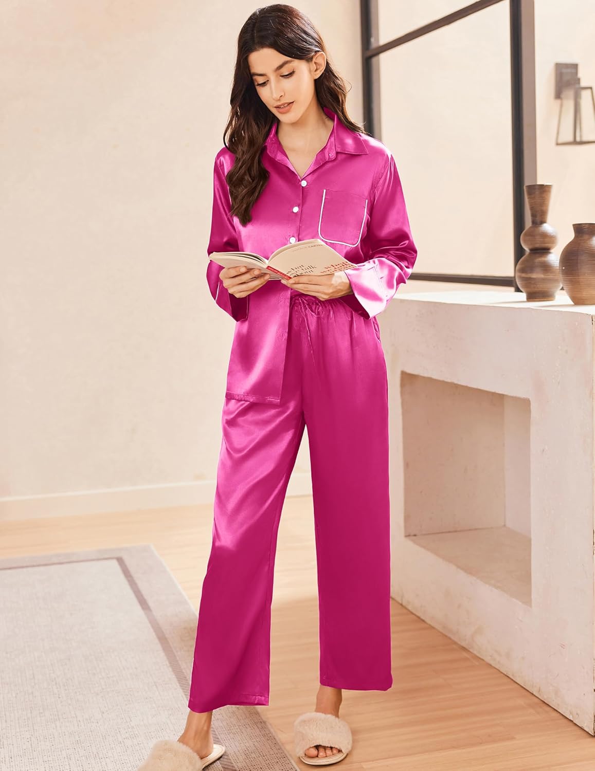 Magenta satin pajama set with long-sleeve button shirt and wide-leg lounge pants