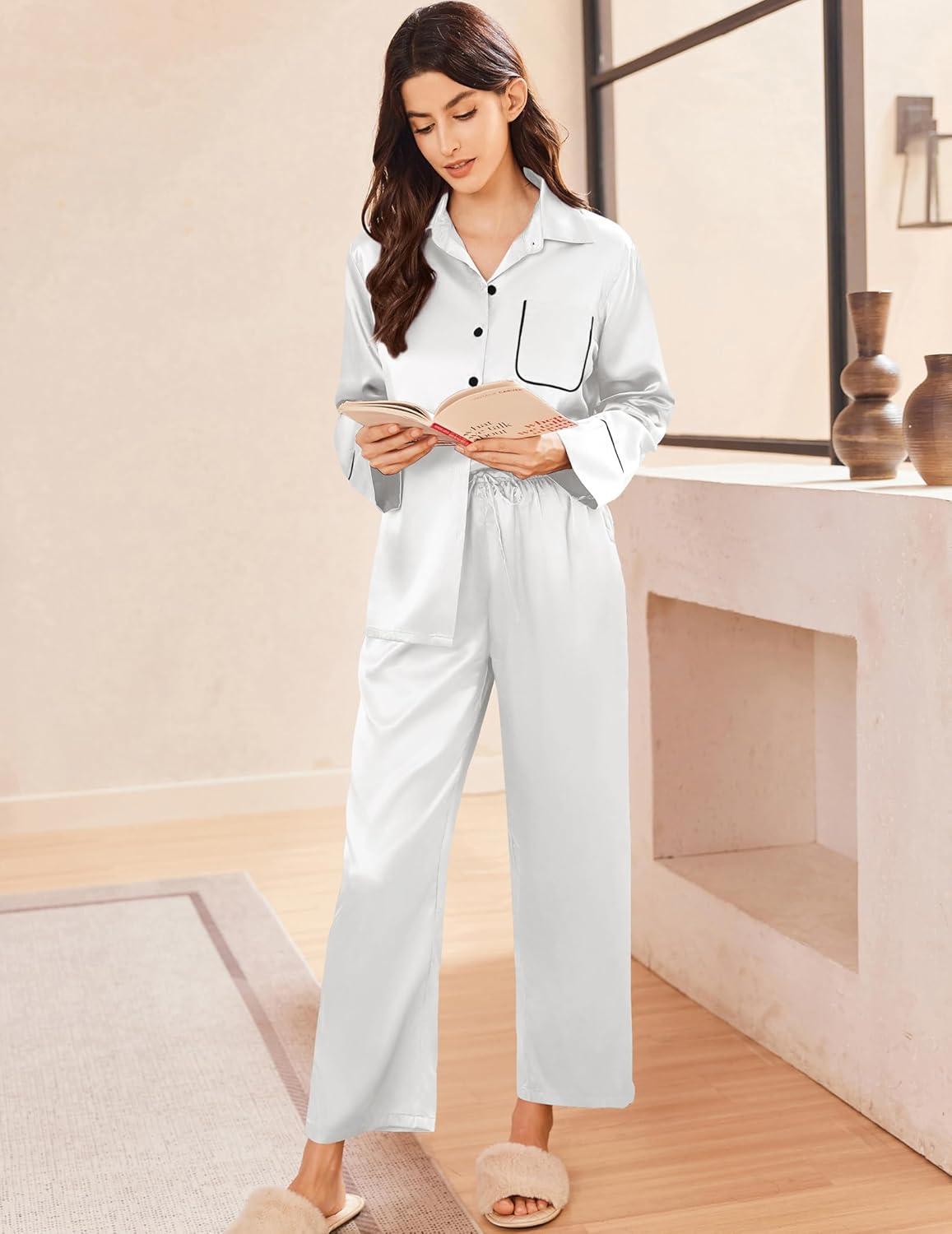 White satin button-down pajama set with chest pocket and long pants, full-length view