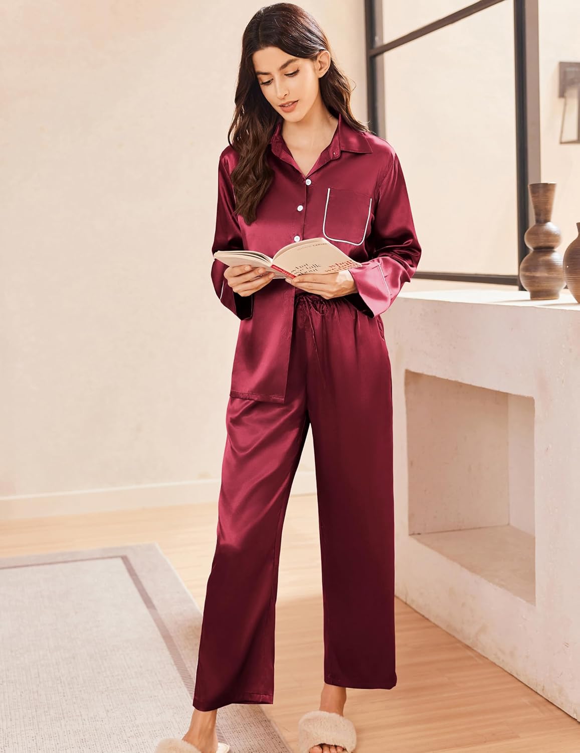 Wine-red satin pajama set with long button shirt and relaxed wide-leg pants