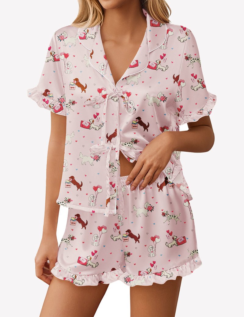 Light pink satin pajama short set with cartoon animal print and front bow tie