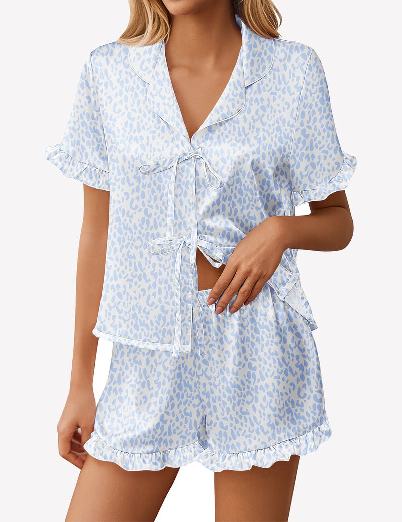Light blue leopard satin pajama short set with front bow tie and ruffled shorts