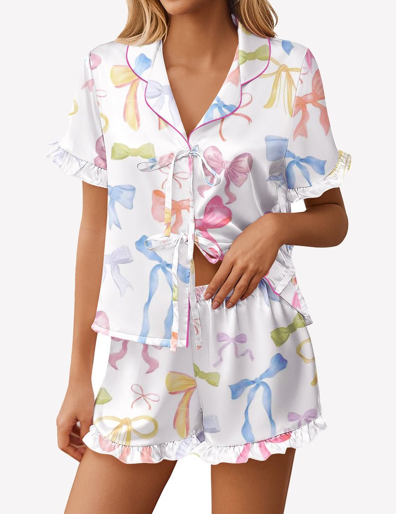 White satin pajama short set with bow and ribbon print, front tie bow