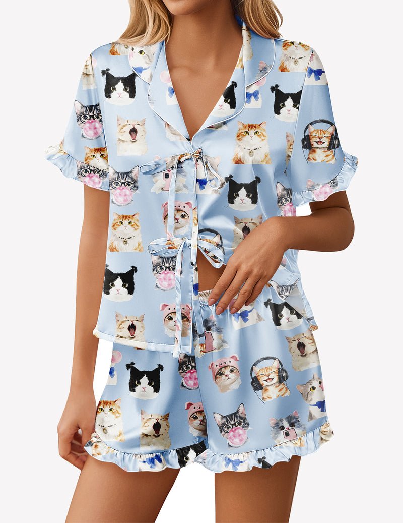 Blue cat print satin pajama short set with front bow tie and flutter sleeves