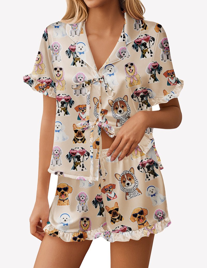 Cream satin pajama short set with playful dog-and-puppy print and front tie bow