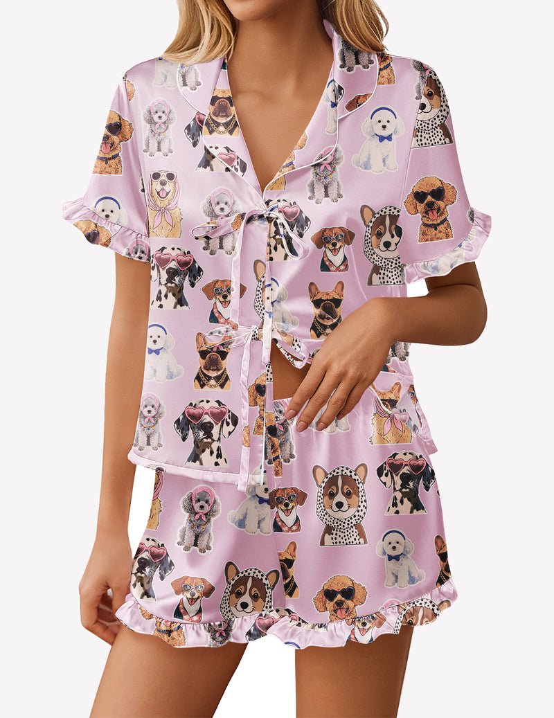 Lavender satin pajama short set with cute dog print and bow tie front