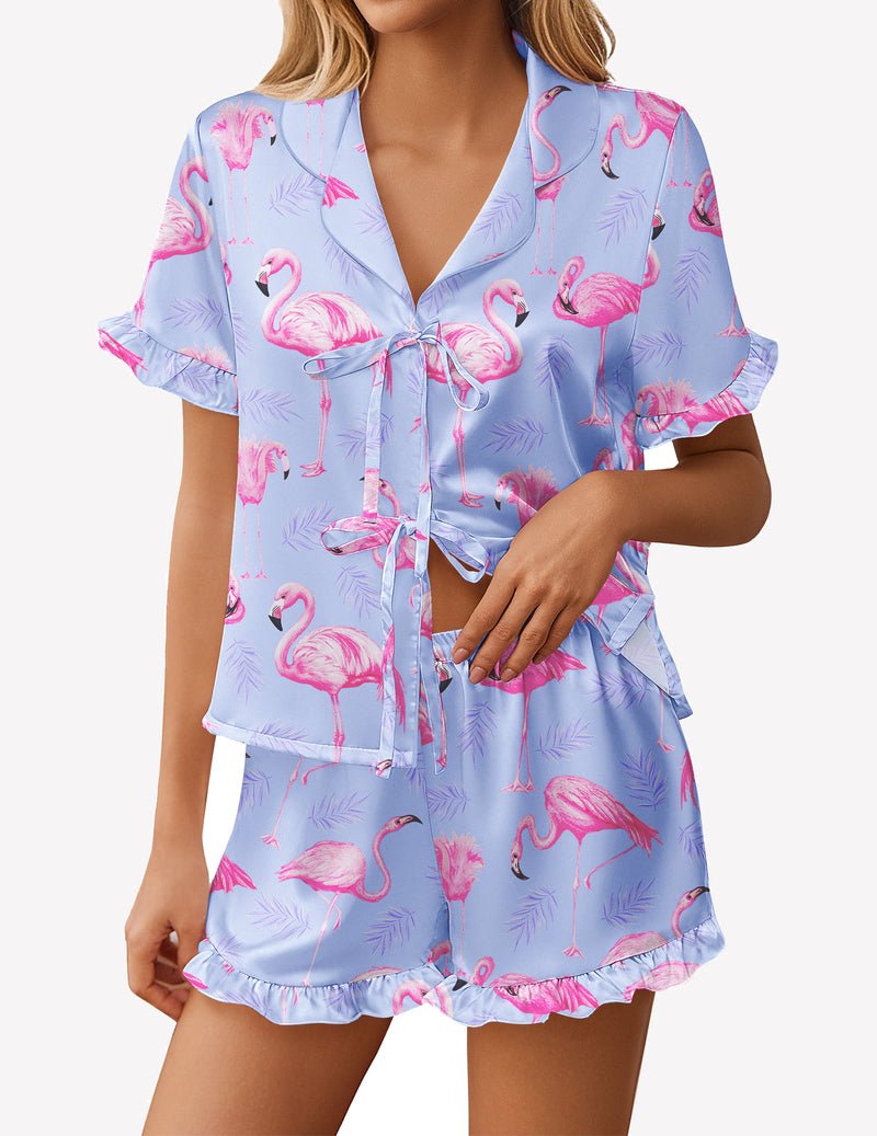 Blue satin pajama short set with flamingo print and front bow tie, ruffled sleeves
