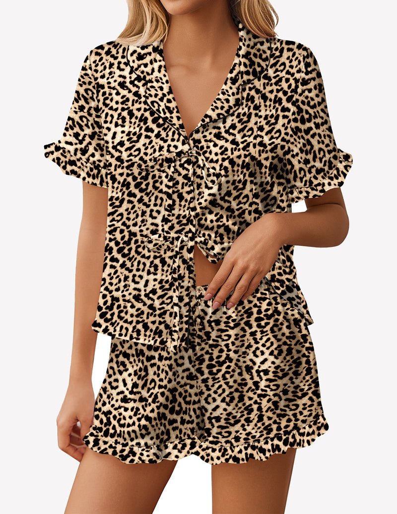 Leopard print satin pajama short set with front bow tie and layered ruffle hem