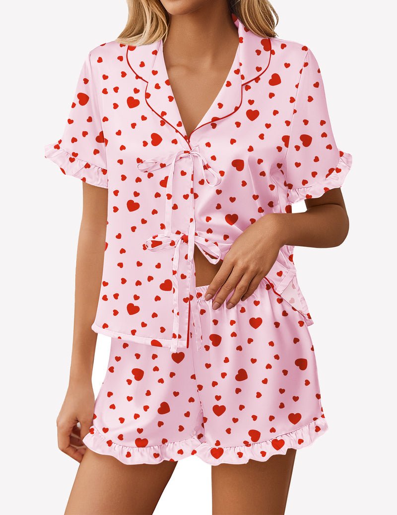 Pink heart satin pajama short set with bow tie front and matching shorts