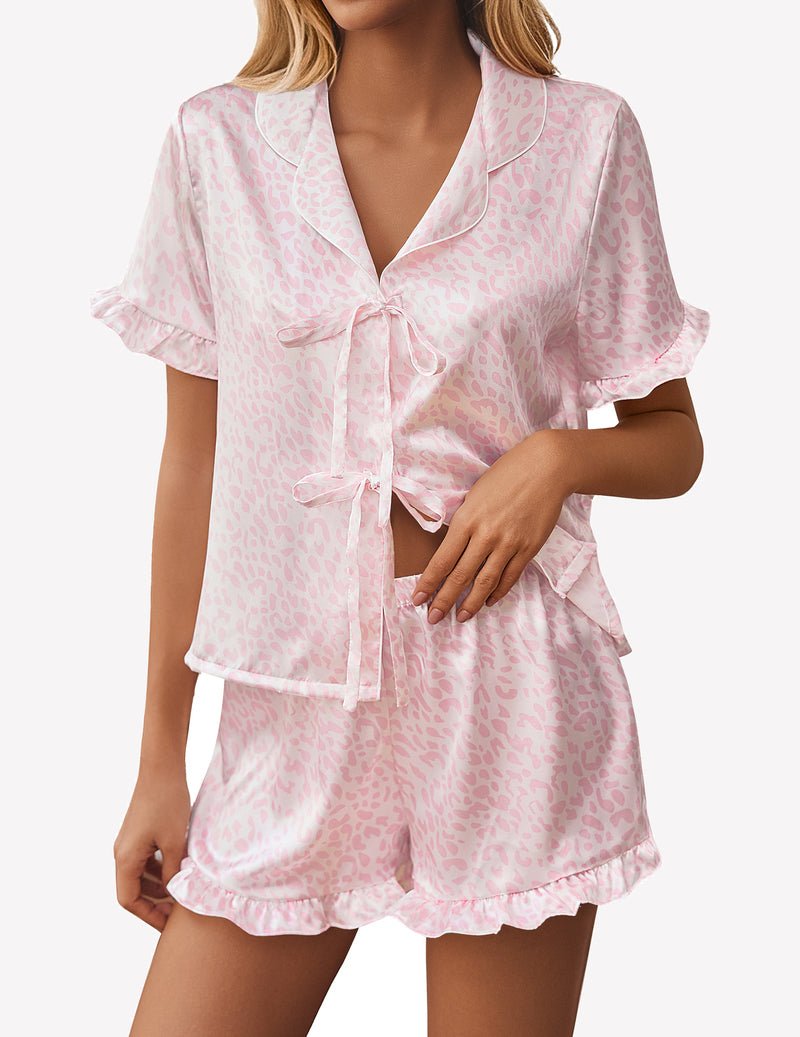 Pink leopard satin pajama short set with front bow tie and ruffled sleeves