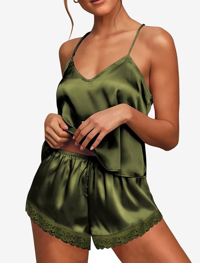 Satin Pajamas set mit Spitzen-Cami und Shorts, Army-Grün