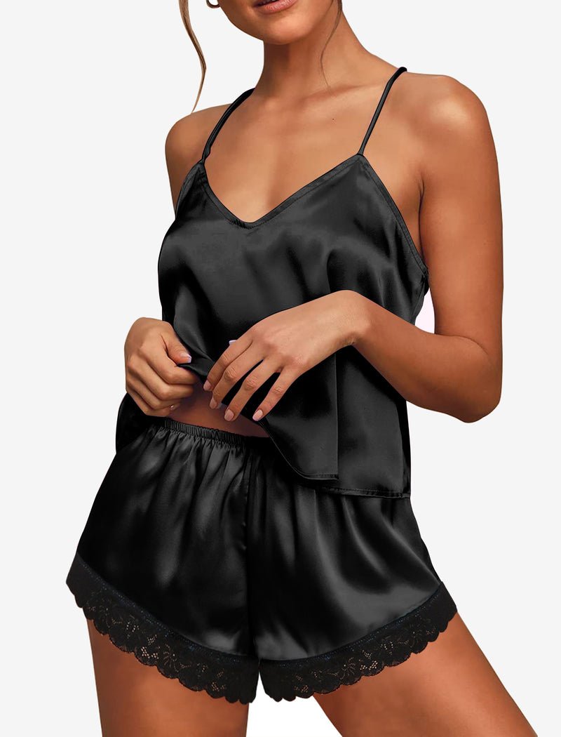 Satin Pajamas set mit Spitzen-Cami und Shorts, Schwarz