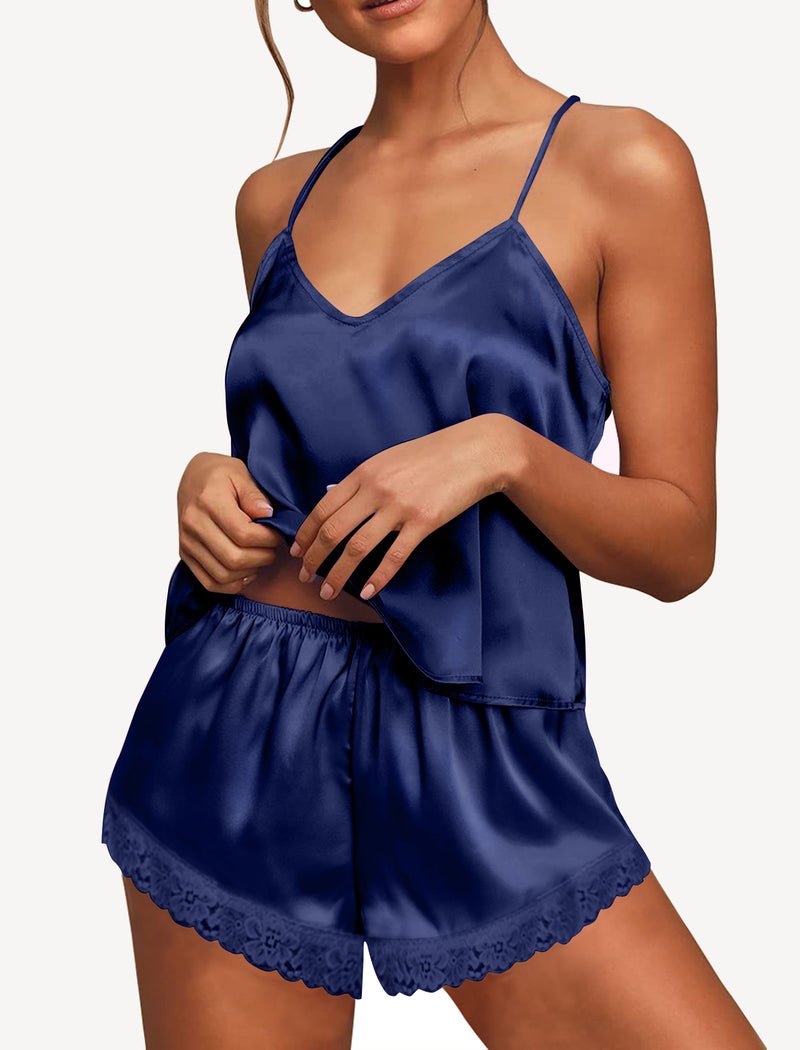 Satin Pajamas set mit Spitzen-Cami und Shorts, Navy-Blau