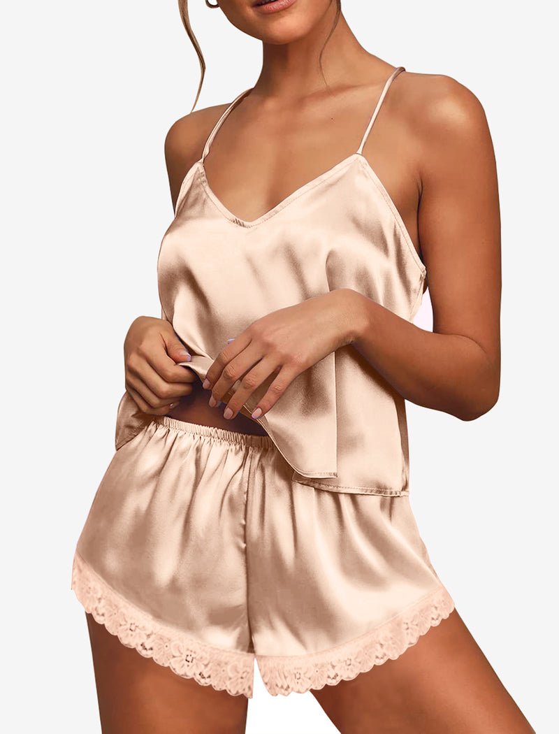 Satin Pajamas set mit Spitzen-Cami und Shorts, Champagne